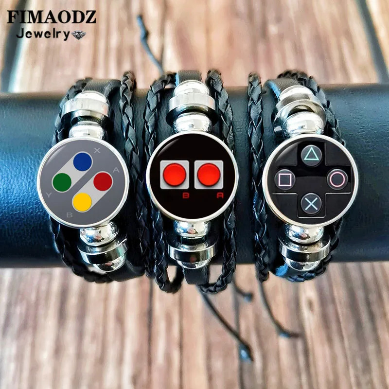 FIMAOHip Hop Video Game Controller Bracelet Leather Braided Glass Button