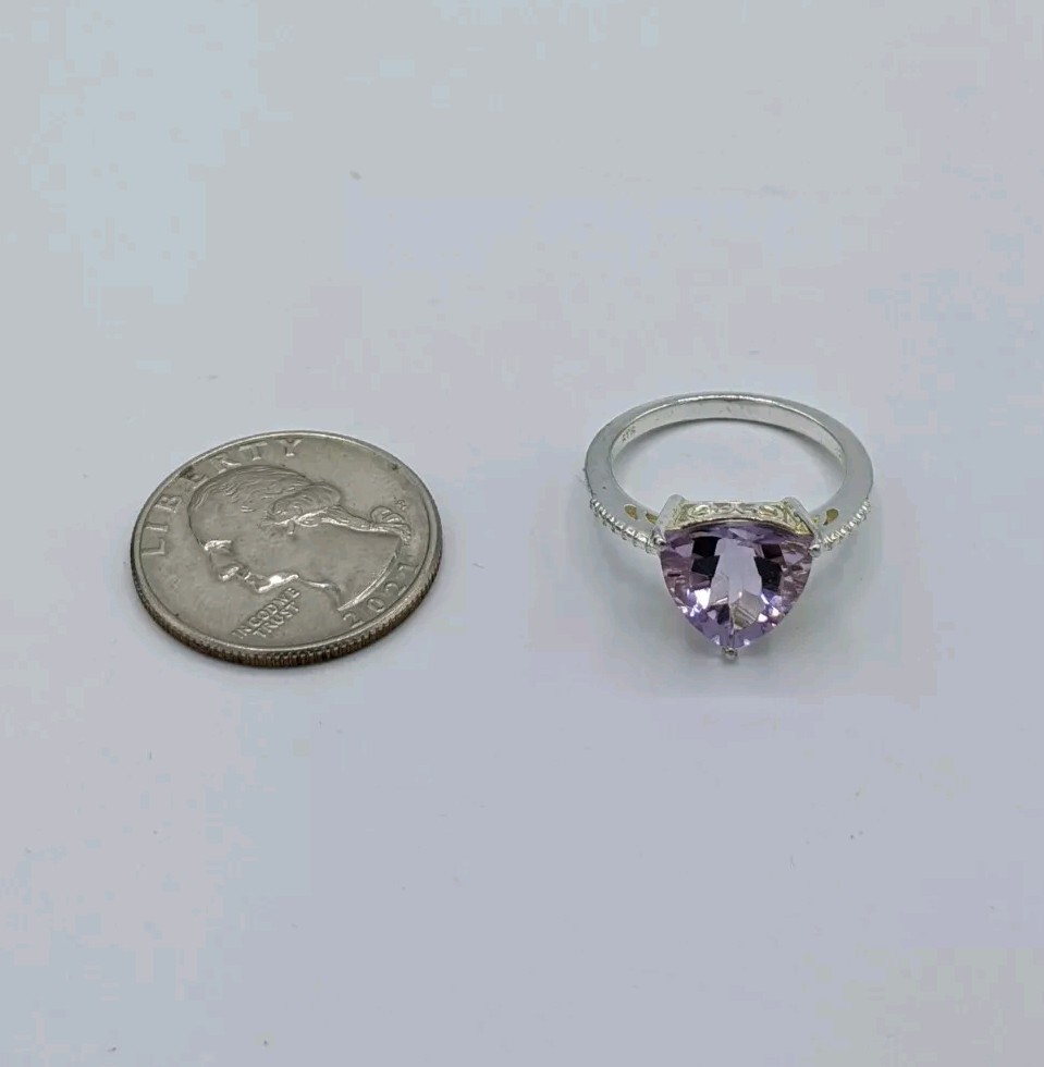 STS Rose De France Amethyst Trillion Cut & CZ Ring in Sterling Silver Size 8.25