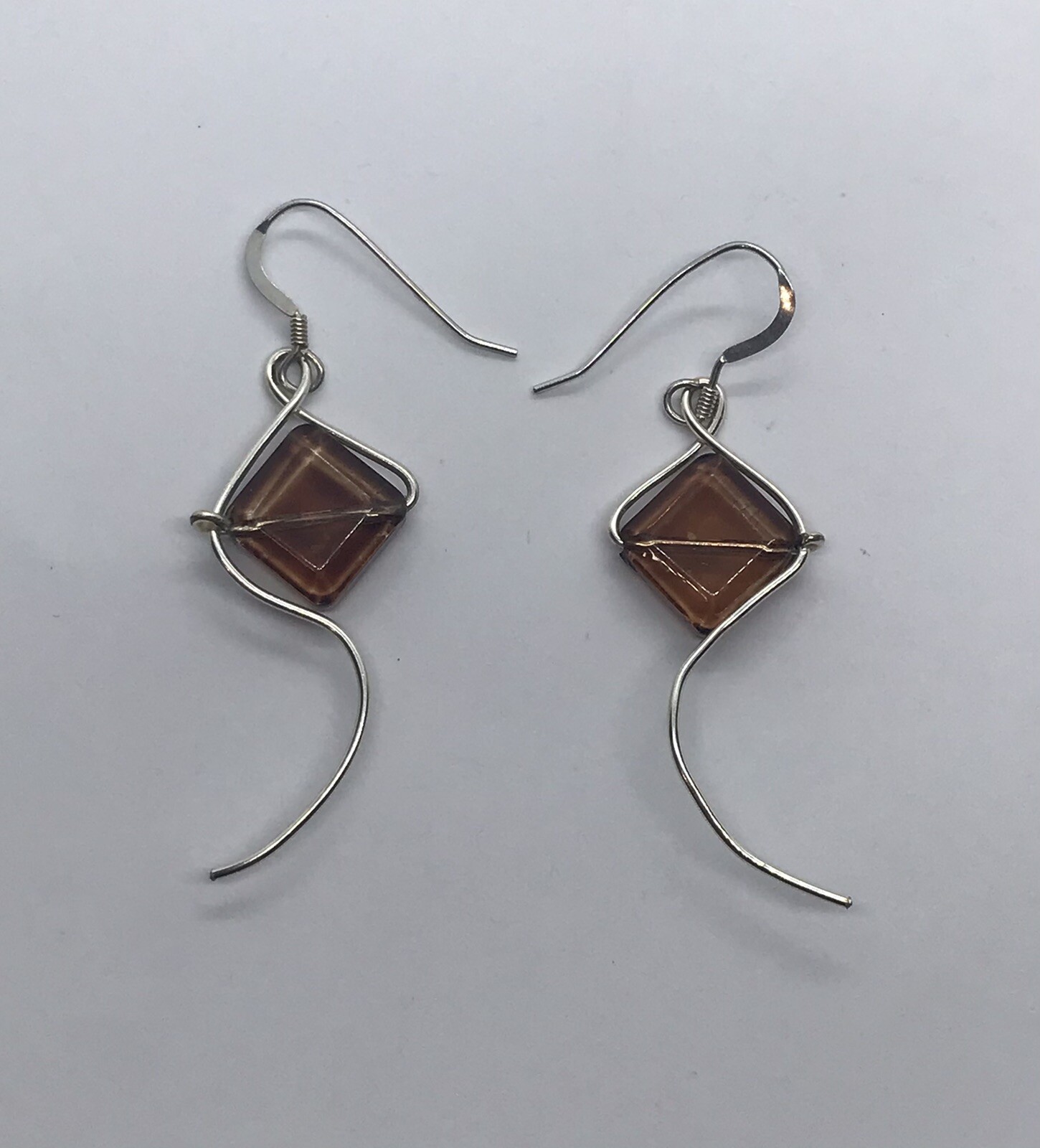 Sterling Silver 925 Rhombus Brown Glass & Wire Art earrings Kite Like