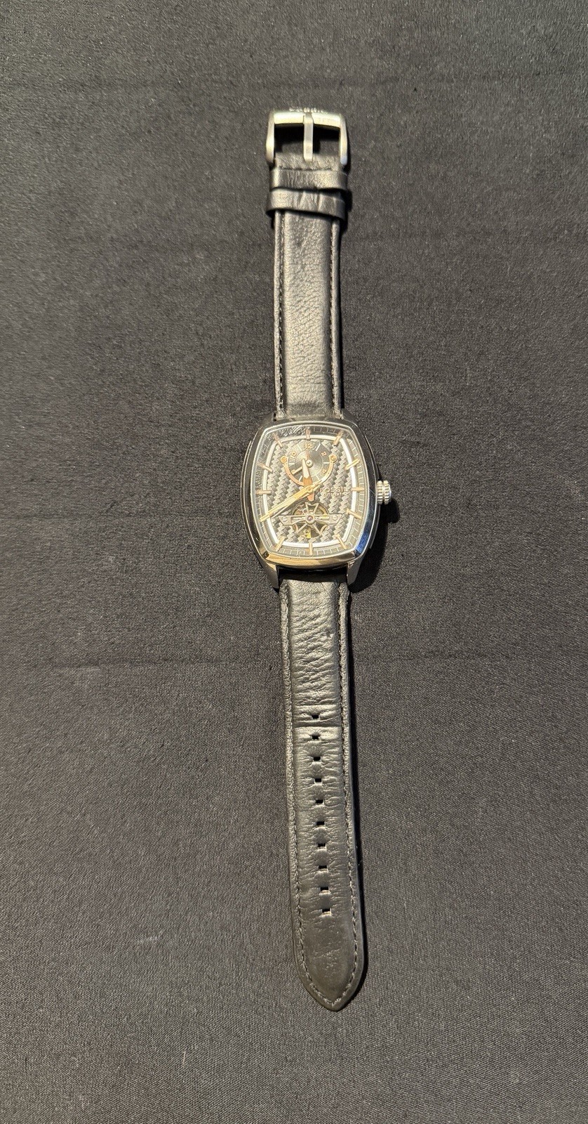 Fossil Men’s ME1046 Automatic Dual Time Watch With Rose Gold Hands And Indices.