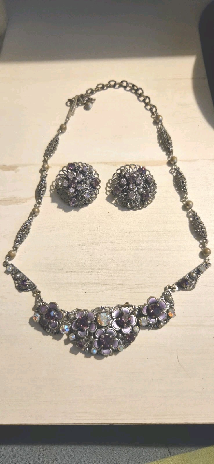Vintage West Germany Purple And AB Glass Rhinestone Filigree Necklace 16 – 18”