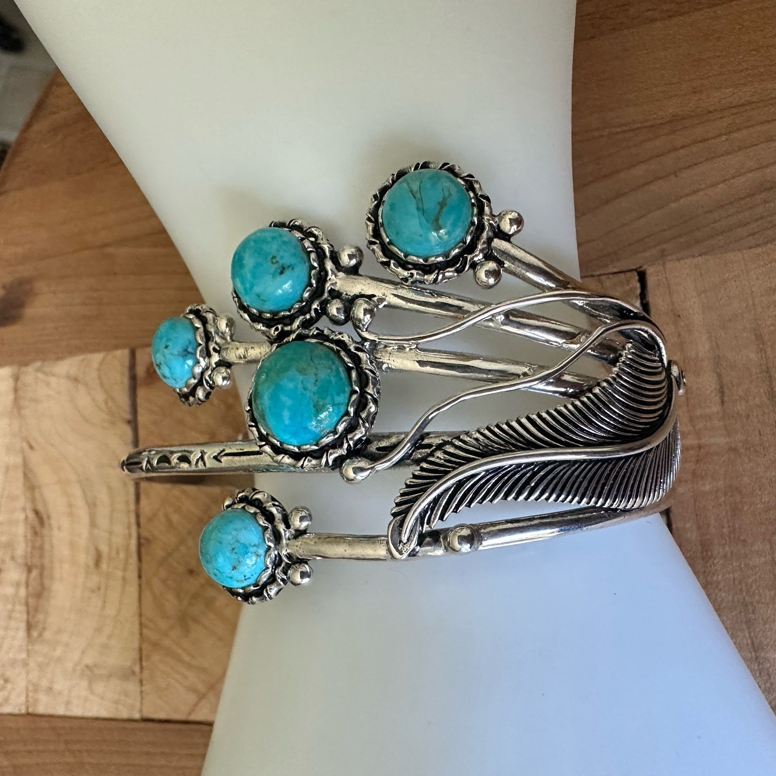 BBJ Artisan Open Cuff Bracelet 6.75 Inch Adjust Turquoise 925 Sterling 38.3g