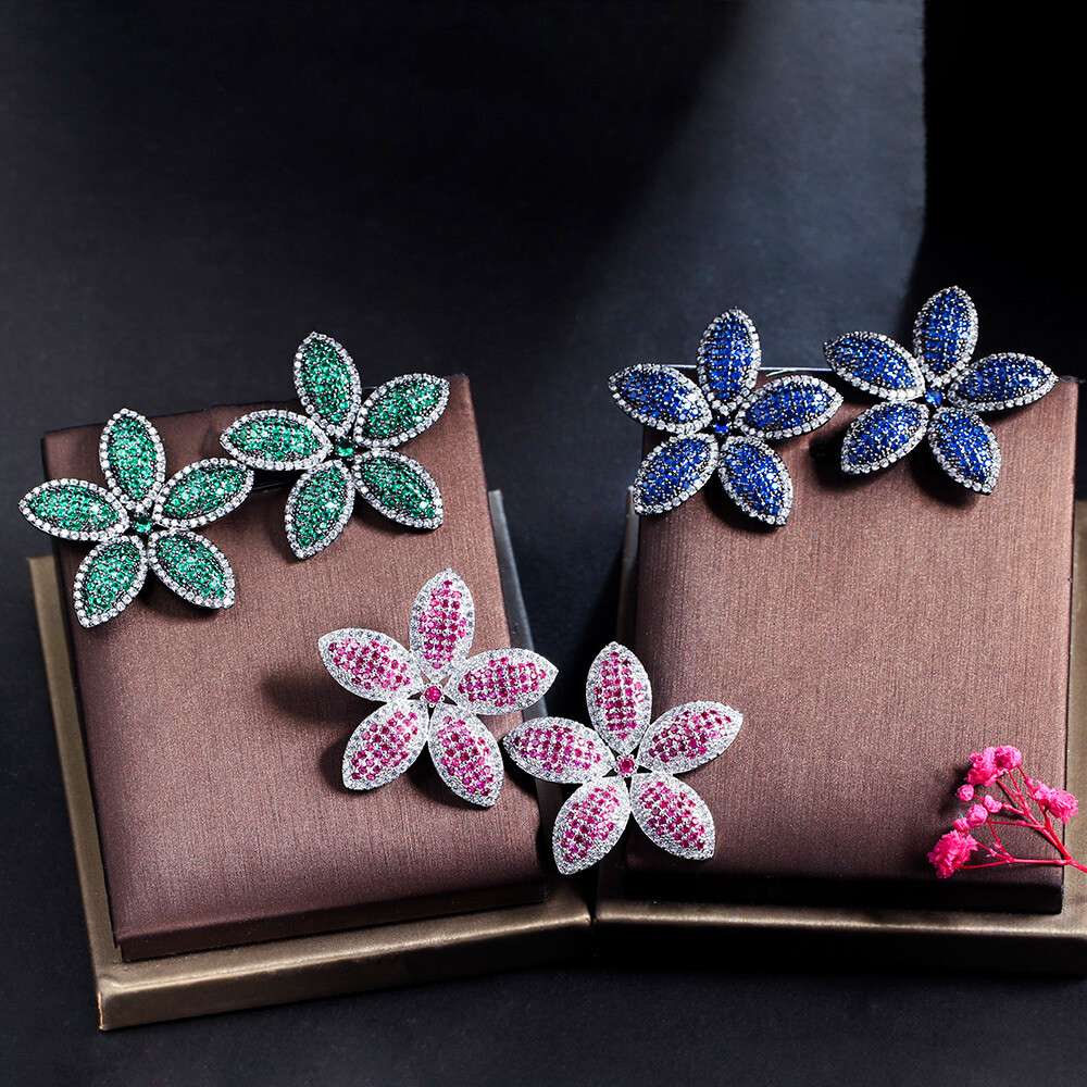 Black Gold Plated Blue Cubic Zirconia Flower Stud Earrings 925 Silver CZ Jewelry