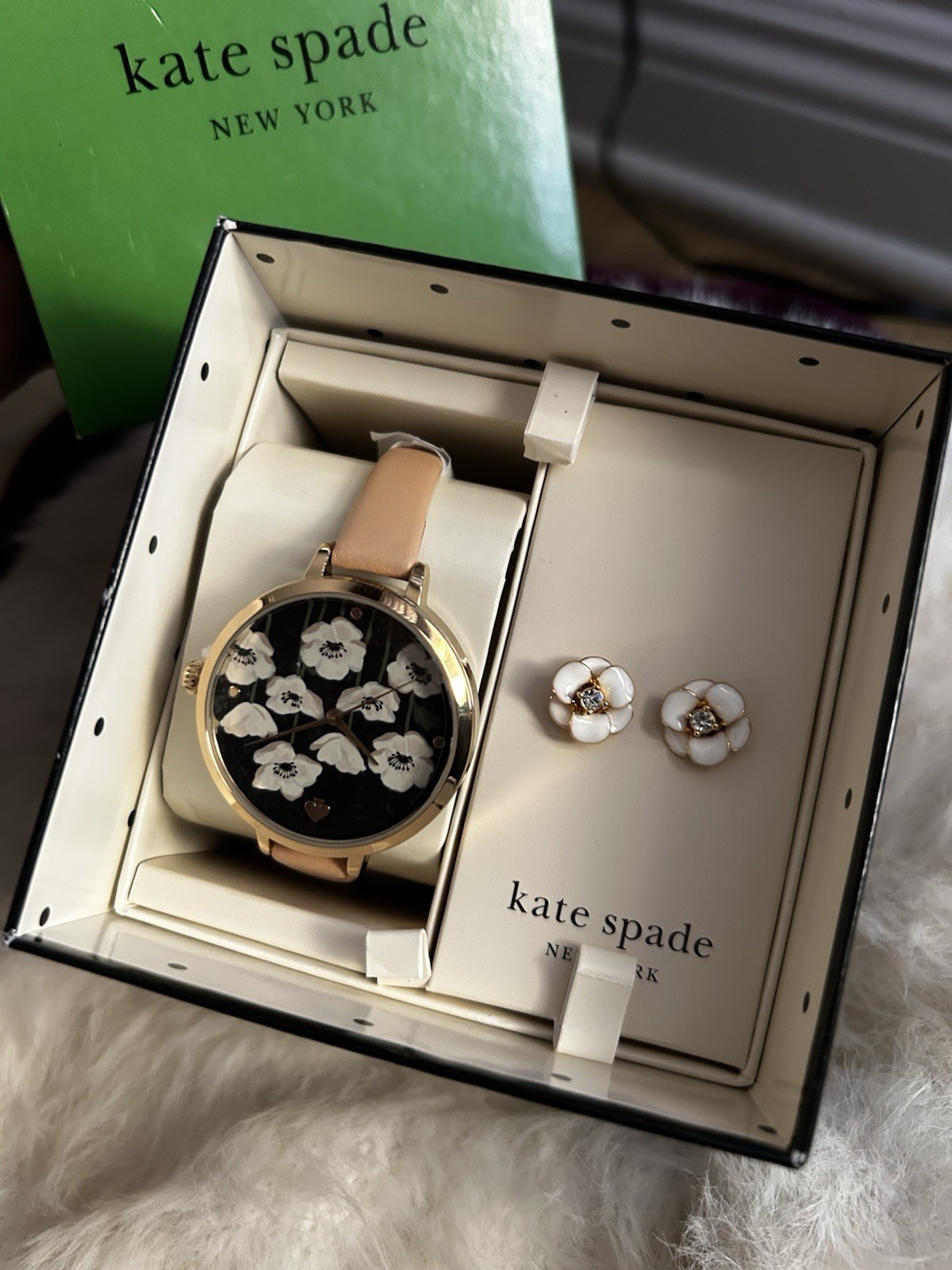 Kate Spade Floral Watch & Earrings Set Leather Metal Enamel Beige Gold
