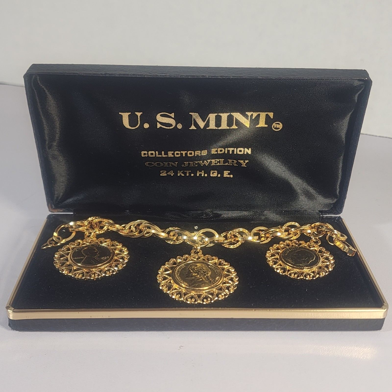 Vintage US Mint Collectors Edition Fountain Of Coins Bracelet 24k HGE 6″ W Box