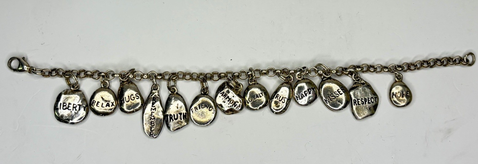 Vintage DV 925 Sterling Silver Inspirational Word Pebble Charm Bracelet 40g 7.5″