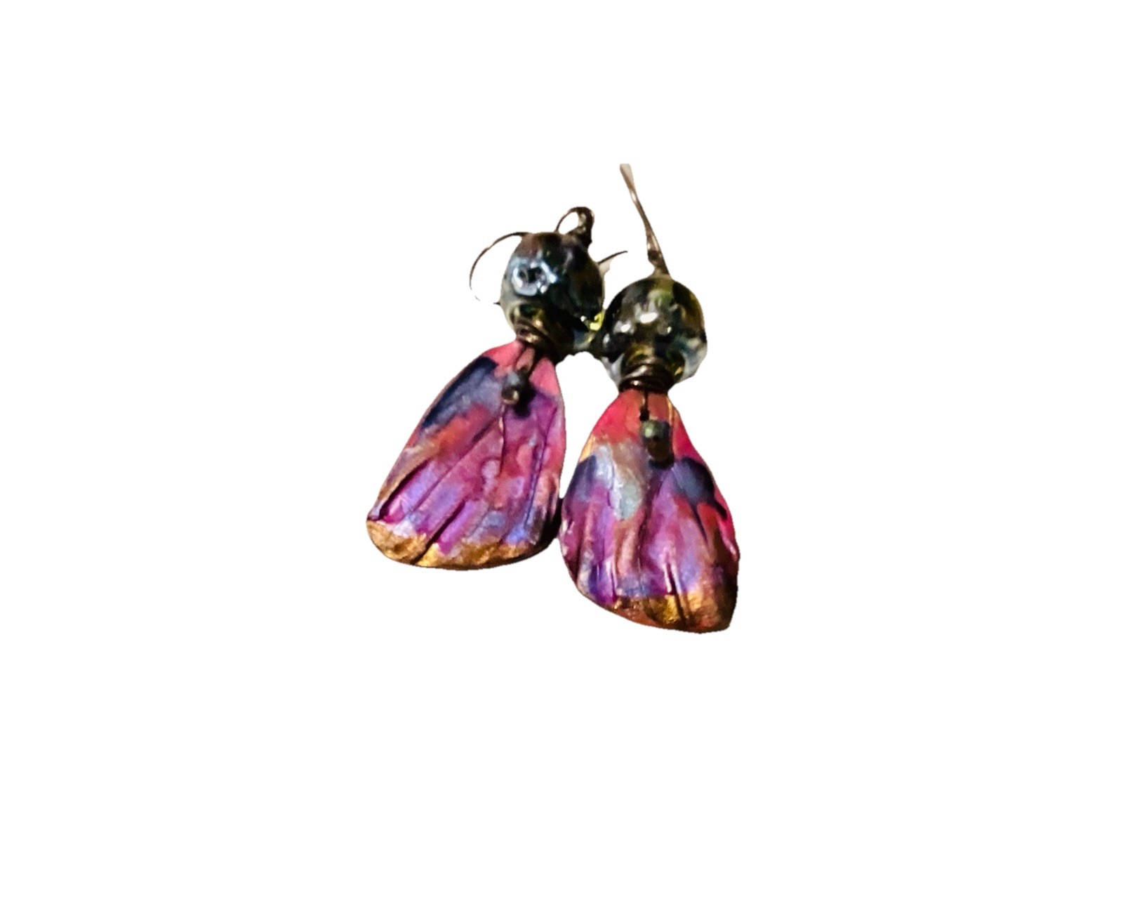 Red Green Gold Polymer Wings Artisan Lampwork Handcrafted Earrings