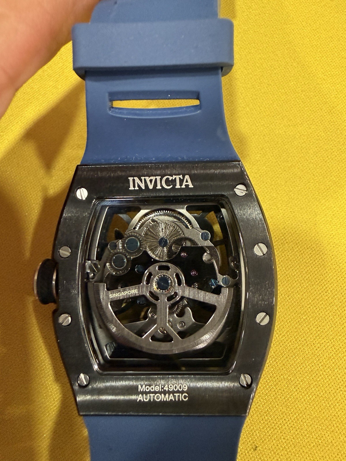 Invicta Automatic Skeleton Dial Tonneau Black Steel Case Blue Silicone Strap