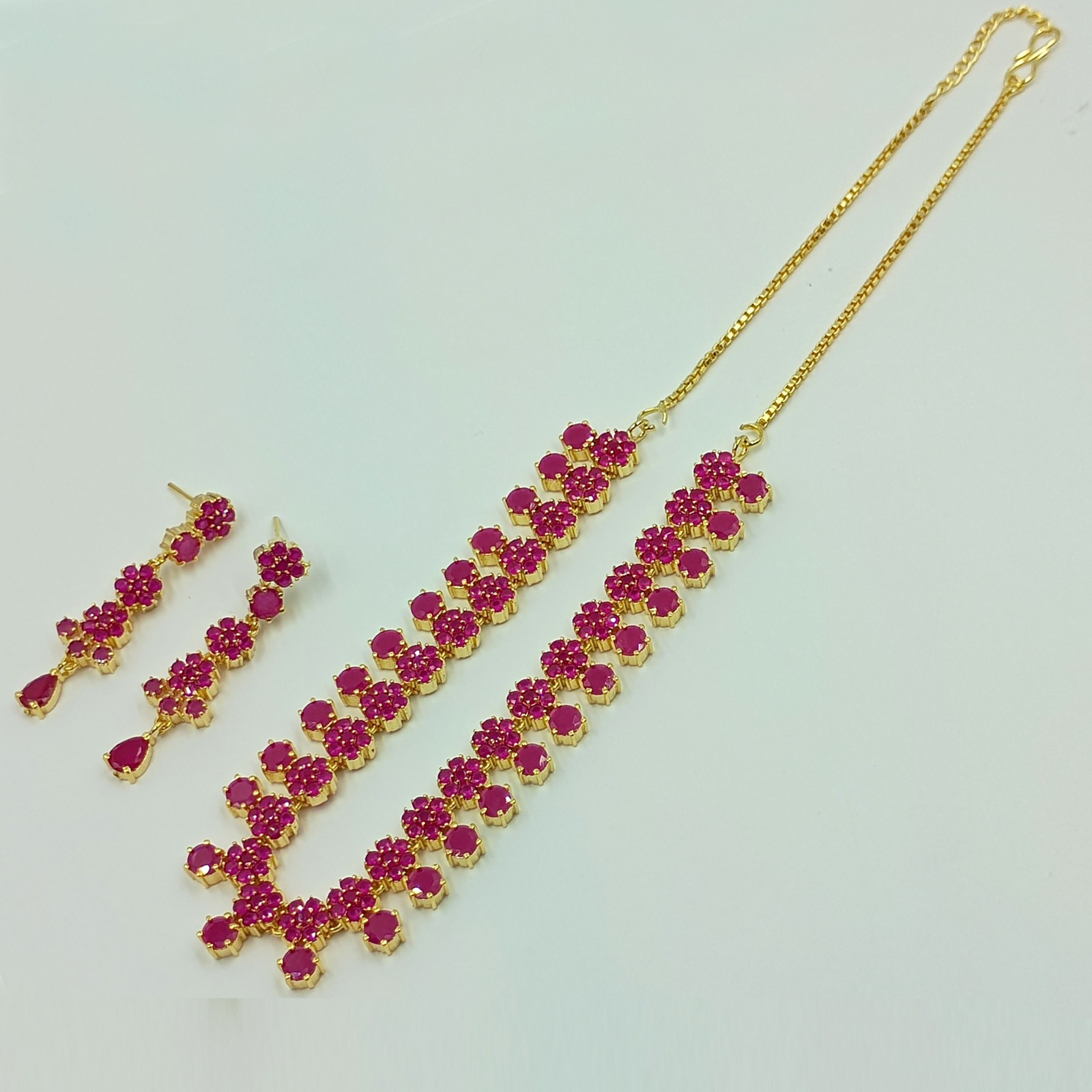 Indian 22k Gold Plated Ruby Floral Statement Necklace Set Wedding Jewelry
