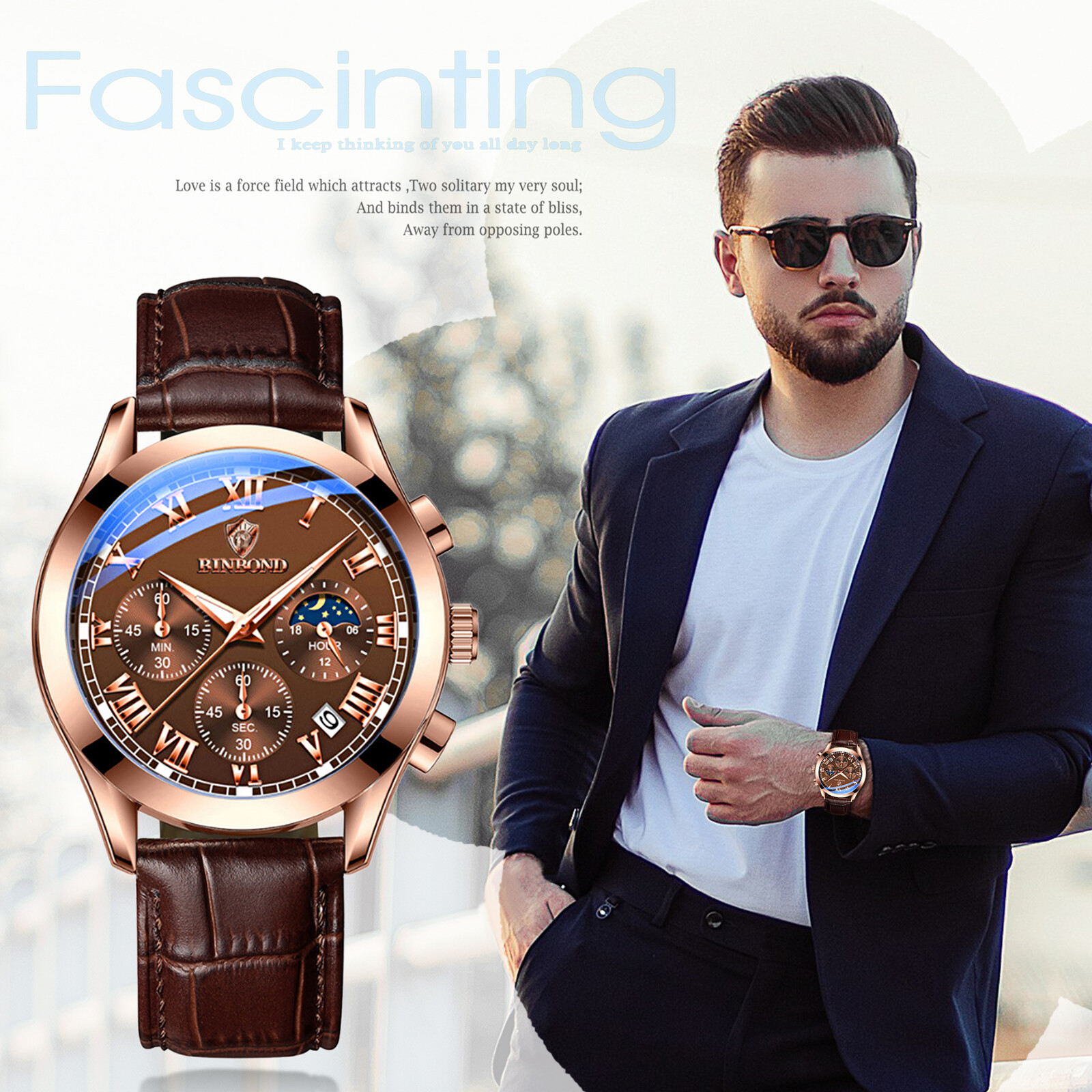 Men’s Waterproof Chronograph Dial Leather Band Causal Analog Quartz Date Watch