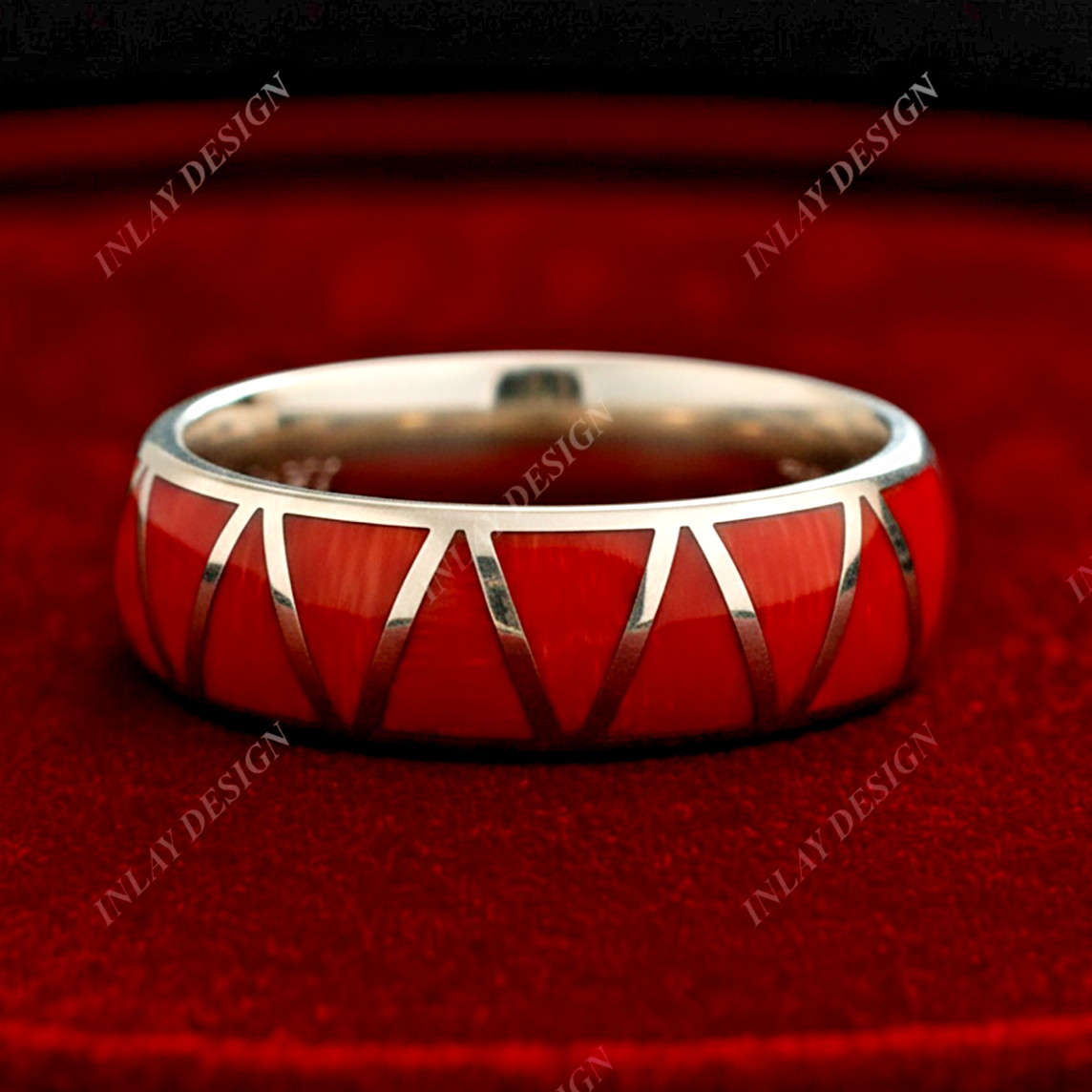 Natural Coral Gemstone Ring In 925 Sterling Silver Trillion Shape Inlay Jewelry.