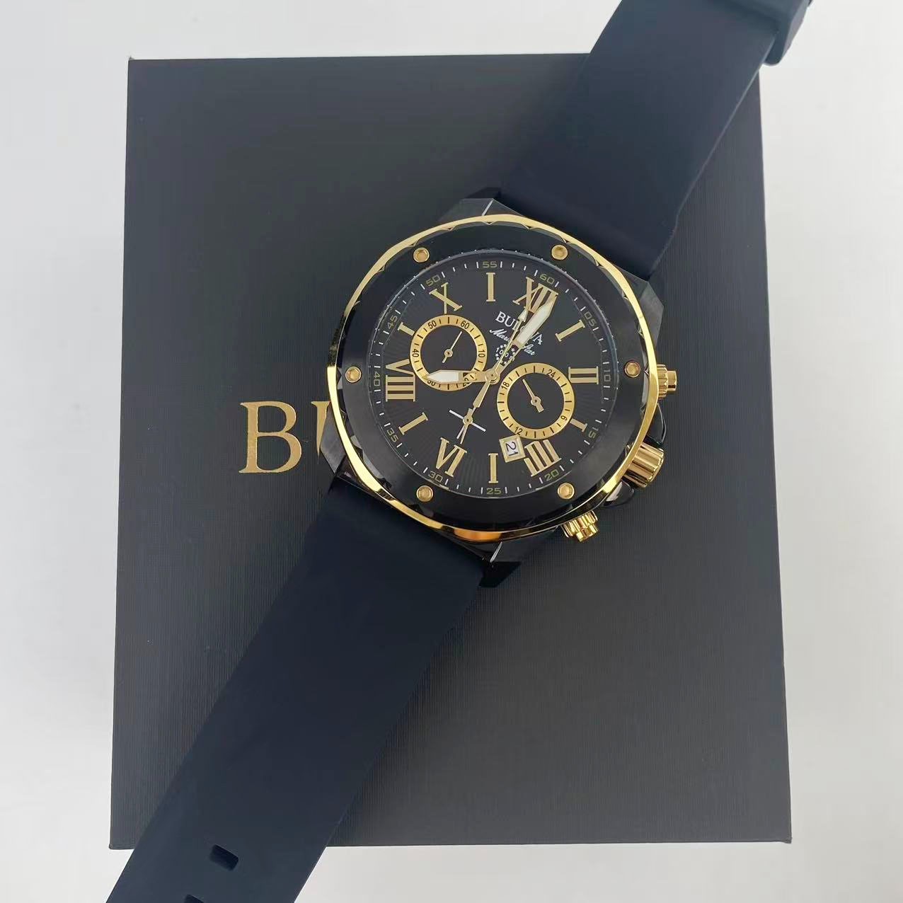 New Bulova Marine Star -98B278- Men’s Chronograph Quartz Watch Black Dial 44 mm