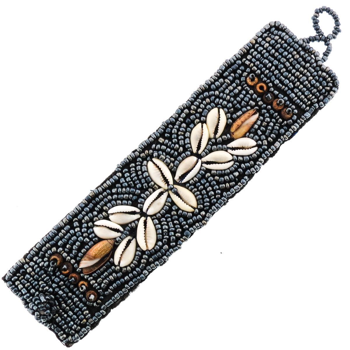 Handmade Beach Cowry Shell Gunmetal Gray Glass Seed Beads Bracelet, 1 1/2″