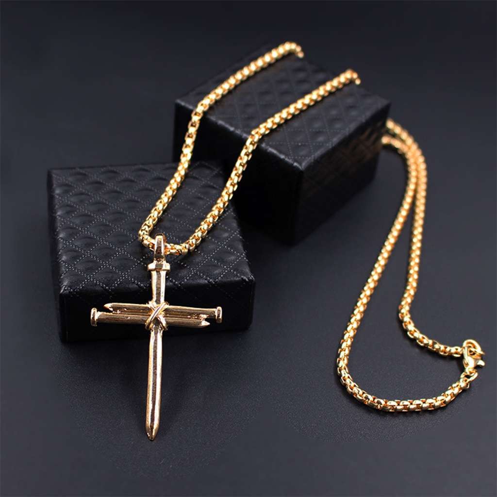 Mens Nail Cross Pendant Necklace Chain Gold/Silver/Black Stainless Steel Christ