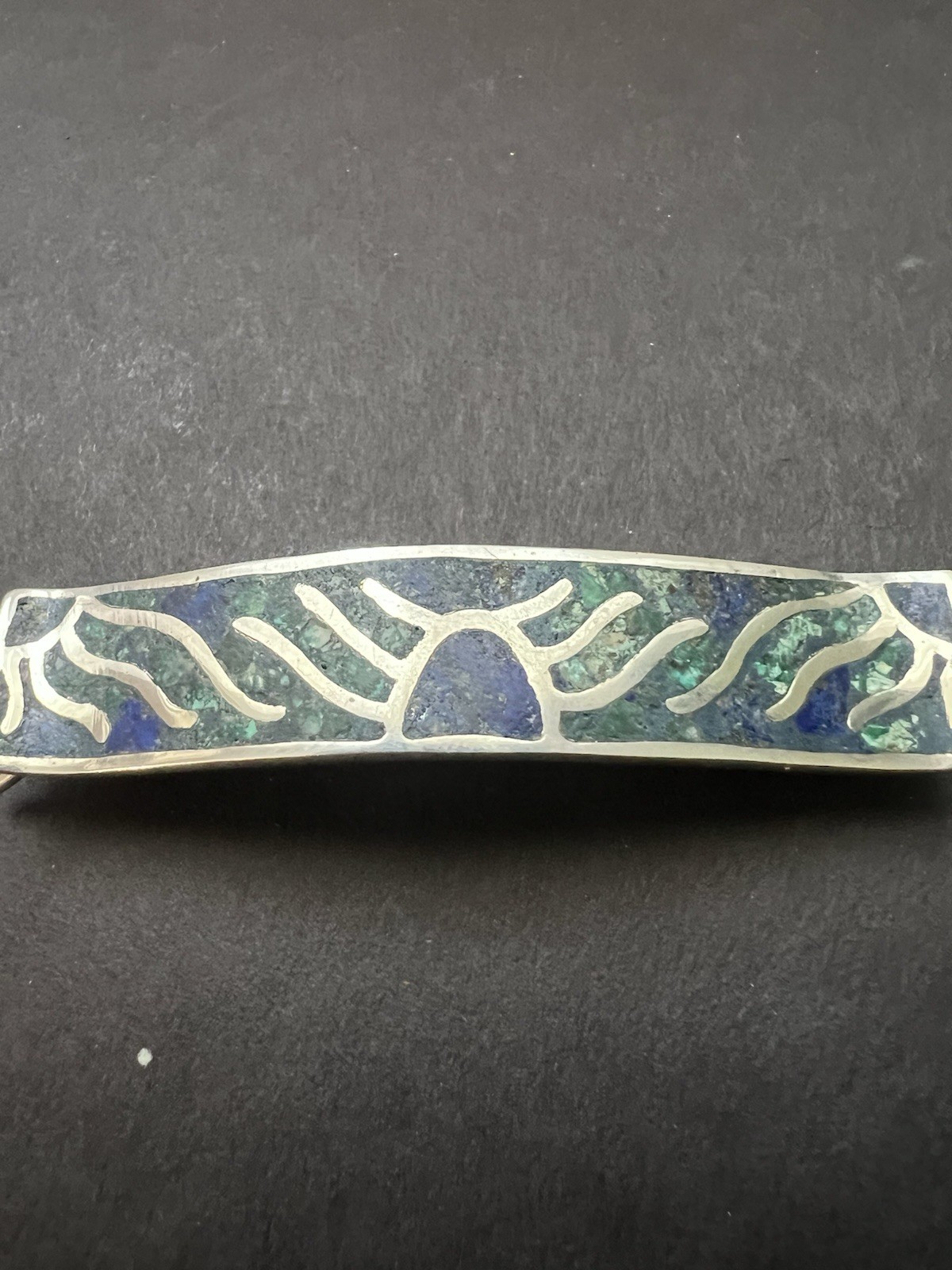 Vtg Sterling Silver 925 Hair Clip Barrette Green Blue Inlay Mexico Taxco 2.5”