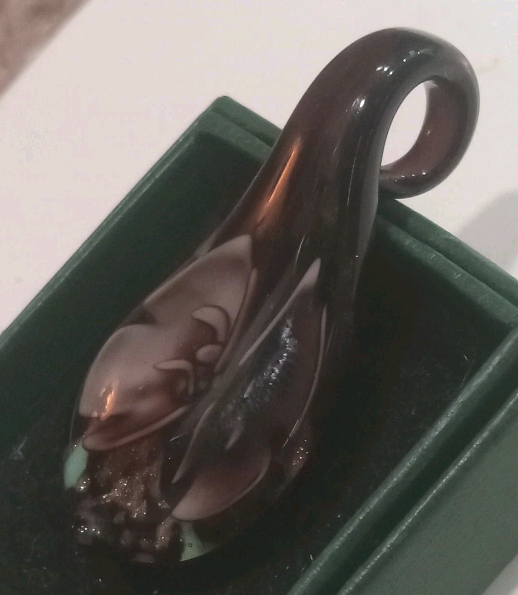 Handcrafted Glass Teardrop Pendant with Floral Design in Black, Brown, Green