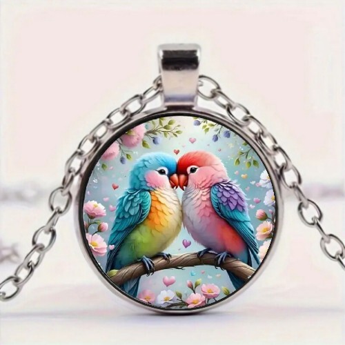 Parrot Love Birds Art Pattern Round Pendant Necklace