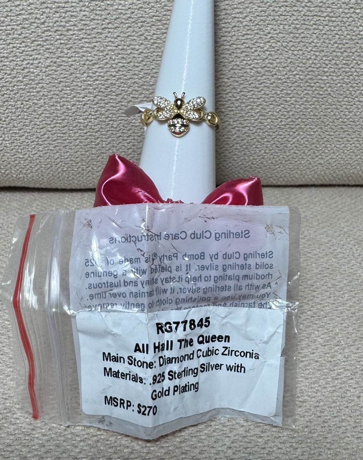 Bomb Party Vermeil Bee Size 9 “All Hail The Queen” .925 Sterling w/ 12K Gold