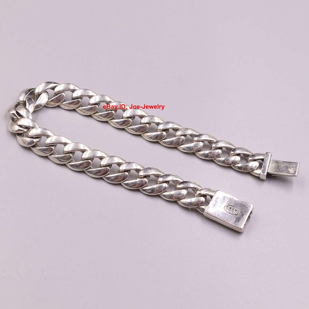 Real 925 Sterling Silver Bracelet 10mm Curb Cuban Link Chain Men Women 8.26inch