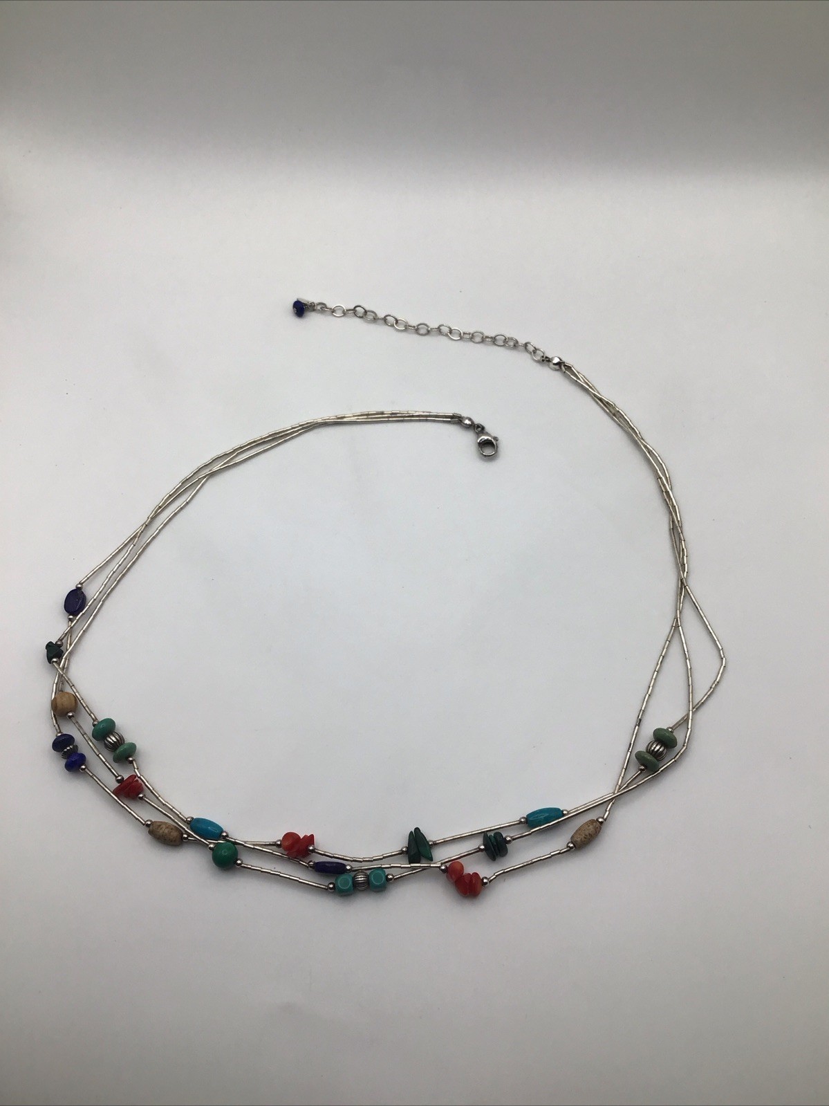 Liquid Sterling Silver Multi strand Necklace Various Stones -21.5” 12 Grams-