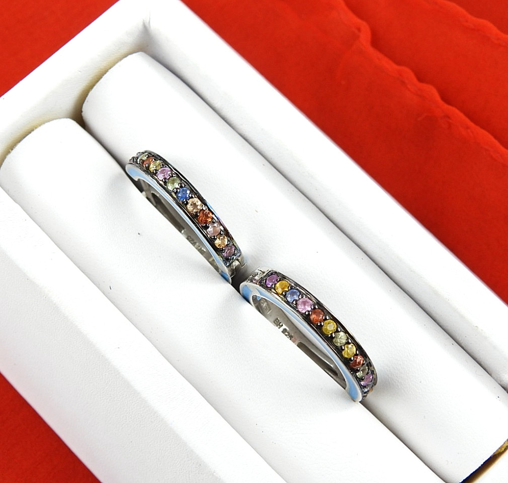 Vintage EFFY Balissima 925 Sterling Silver Enamel Multi Gemstone Hoop Earrings