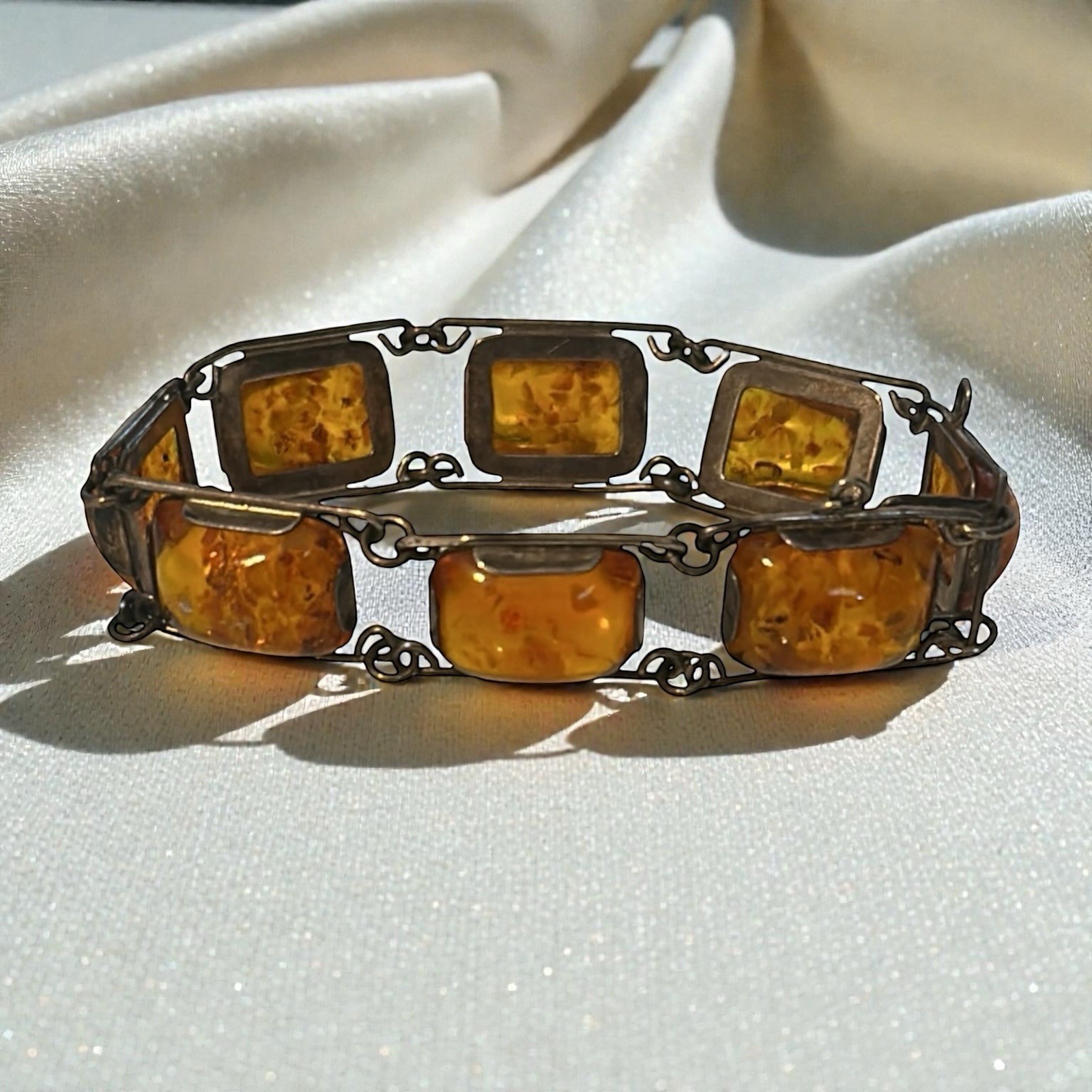 Bracelet Amber Cabochon Arts And Crafts Sterling Silver Vintage