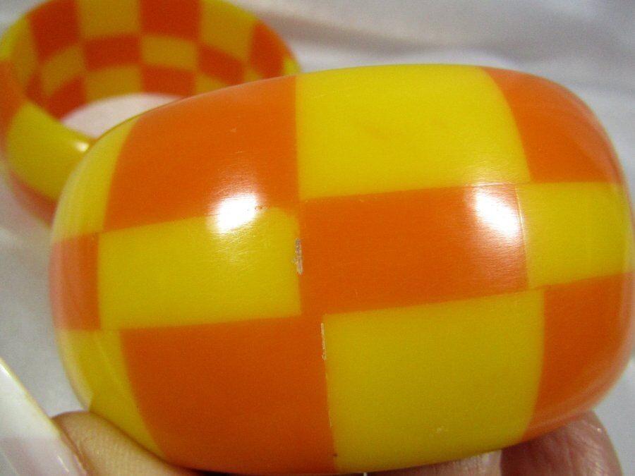 Lot of 2 Chunky Checker Board Checkered Orange Yellow Bangle Bracelets