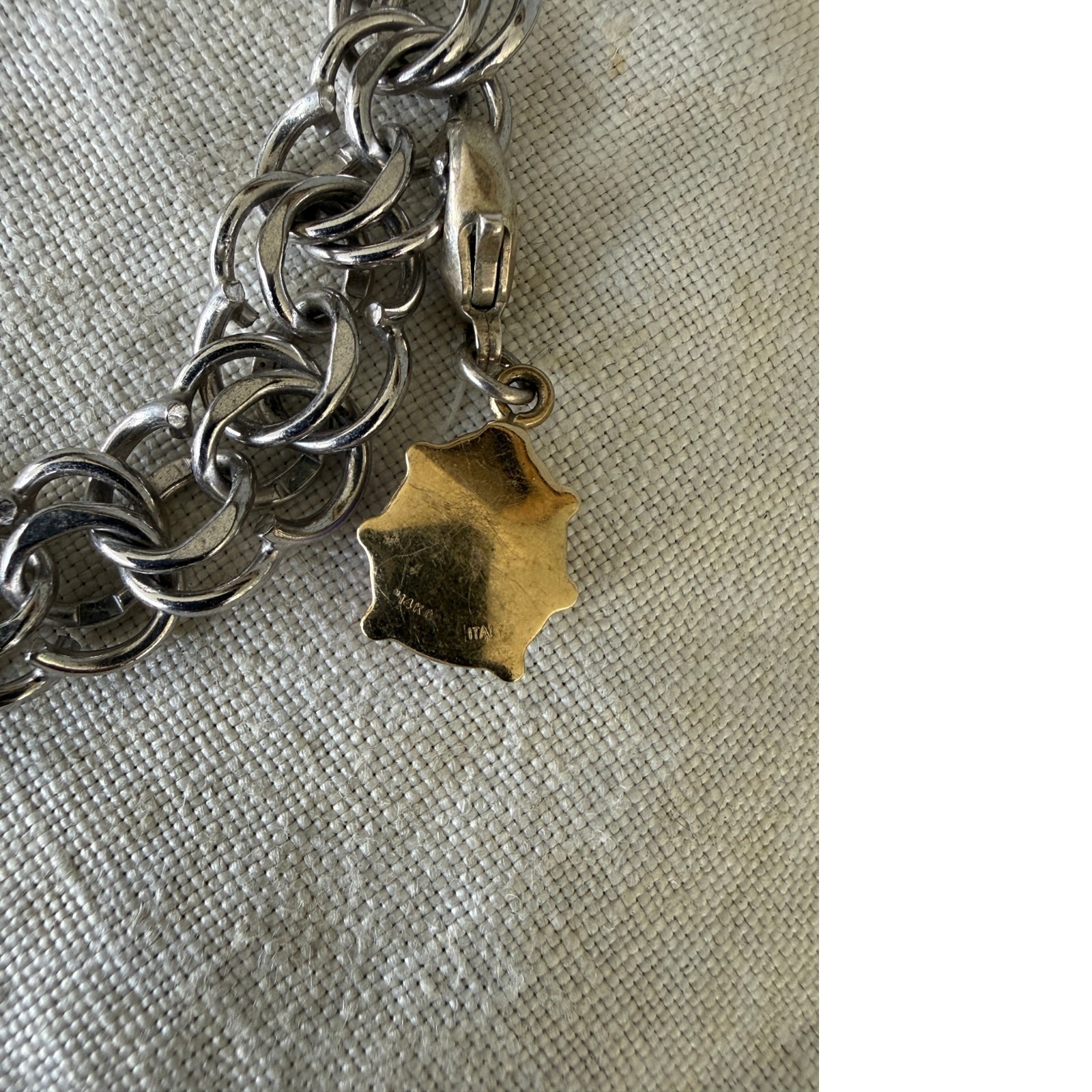 Vtg. American Sterling Double Link Charm Bracelet with 3 Charms Safety Chain 8″