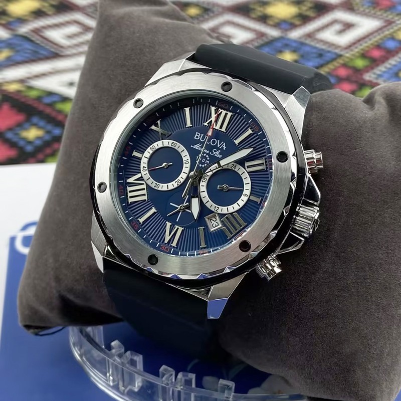 Bulova Men’s Blue Dial Black Rubber Strap Marine Star Quartz 98B258 Watch 44mm