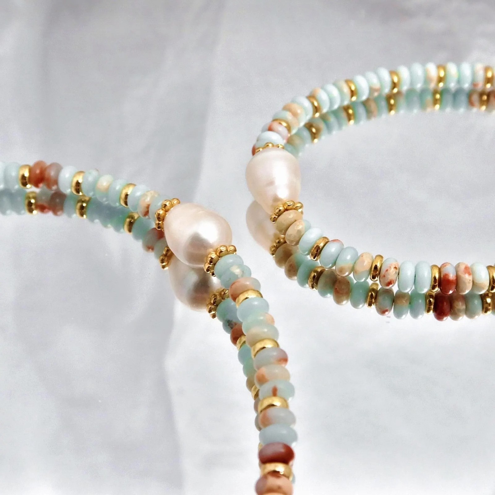 Dainty Freshwater Pearl & Light Blue Stone Beaded Bracelet, Gold Layering Everyd