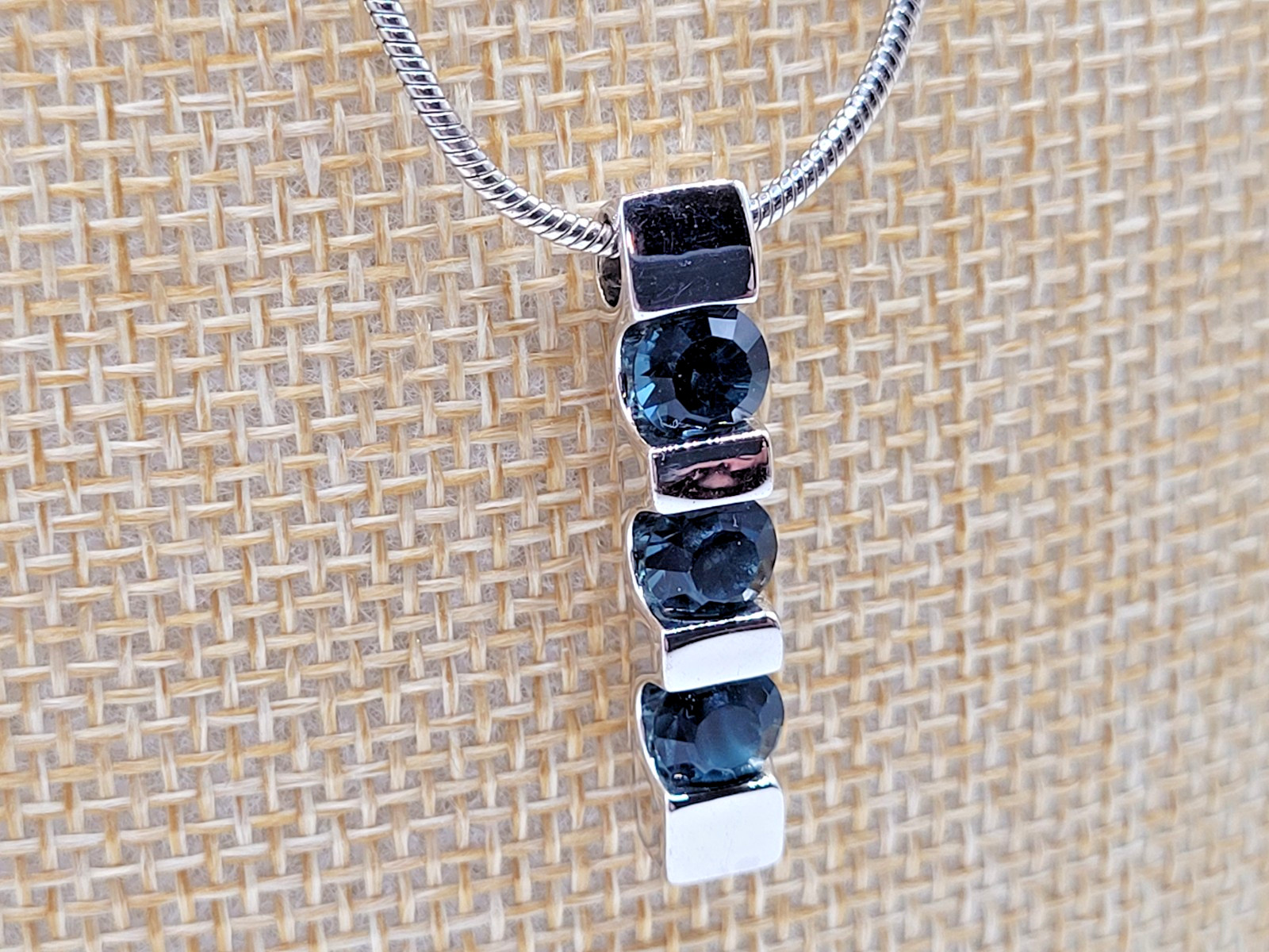3 Bar Necklace Faux Sapphire Blue Silvertone Setting 16″ to 18″ Y2K
