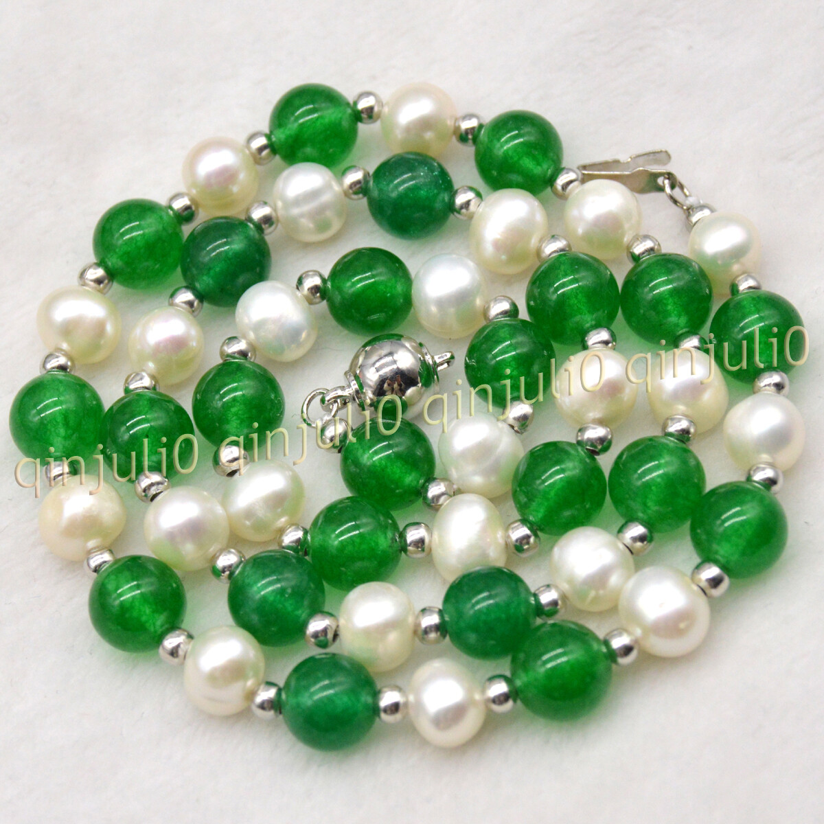 7-8MM Natural White Akoya Pearl Green Jade Round Gems Beads Necklace 16-36inch