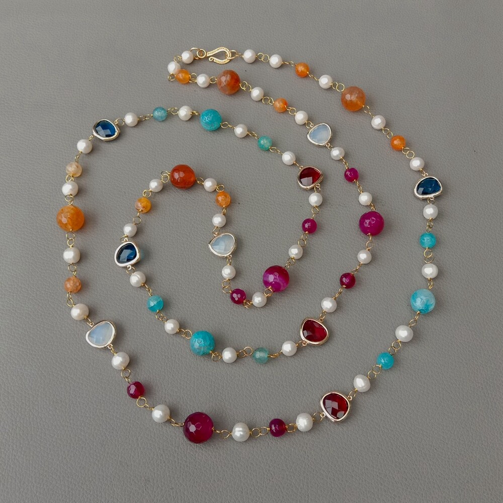 56″ Cultured White Pearl Multi Color Agate Crystal Long Necklace