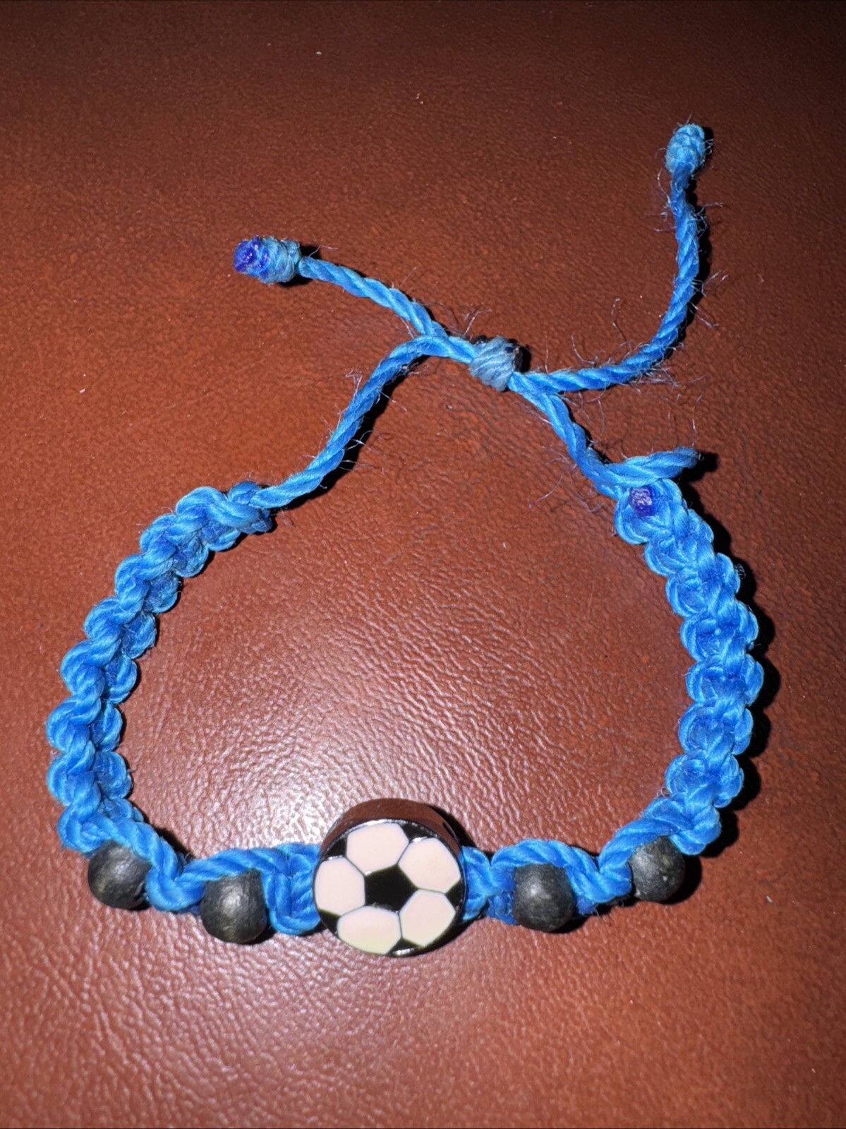 Handmade Soccer Ball Macrame Spiral Knot, Adjustable Bracelet Blue