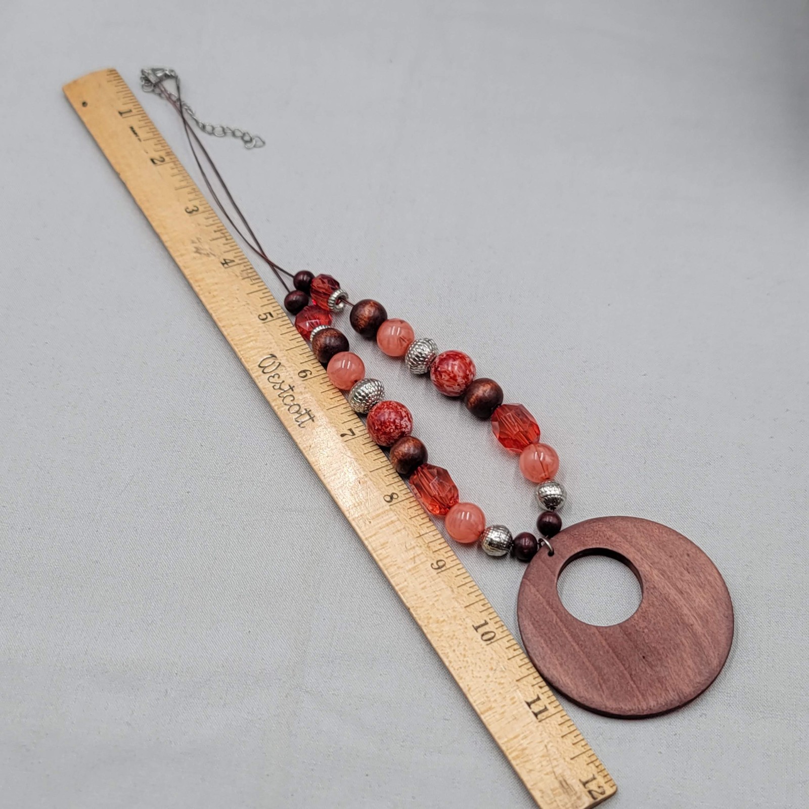 Open Round Wood Pendant Beaded Necklace Pinks Corals 20″ adj