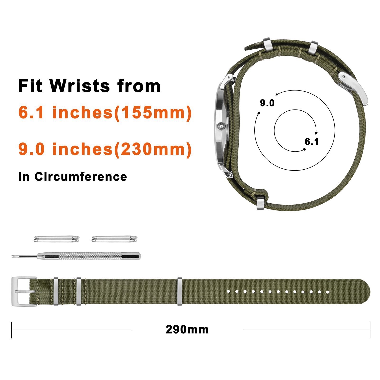 ANNEFIT One-Piece Nylon Watch Strap 16mm 18mm 19mm 20mm 22mm 24mm Military Band
