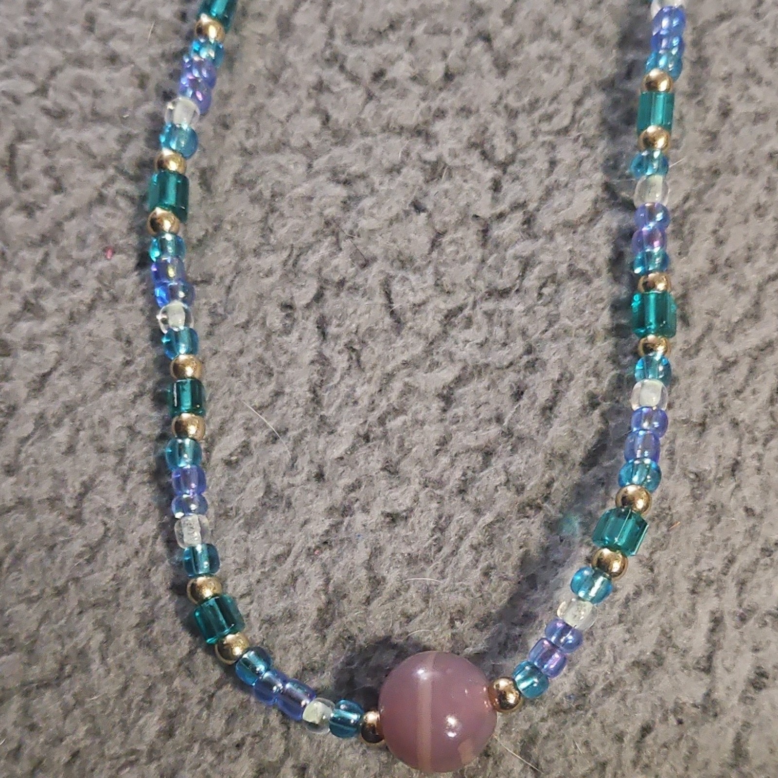 Beaded Necklace Blue Purple Gold Glass Round Pendant Tie Closure