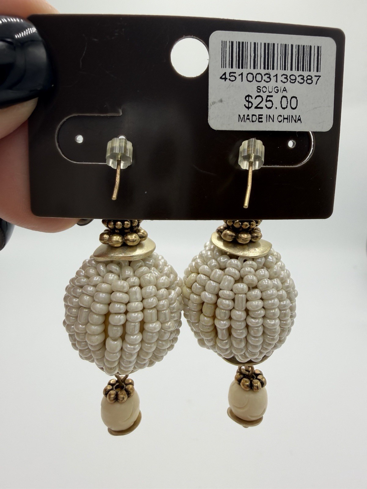 Chico’s white seed bead drop earrings with gold-tone New