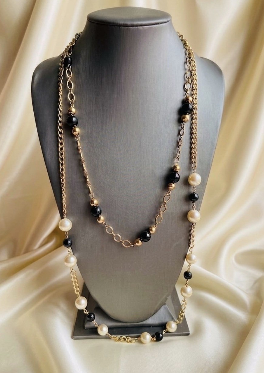 Vintage MONET Lot Of 2 Necklaces Black , Pearl & Gold Beads Long Station Chains
