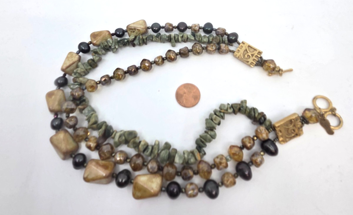 Shane Boyner Multi Strand Gemstone, Glass, Pearl Gold Tone Beaded Necklace
