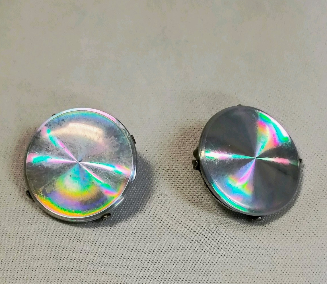 Vintage Holographic Round Clip-On Stud Earrings Metal Pair