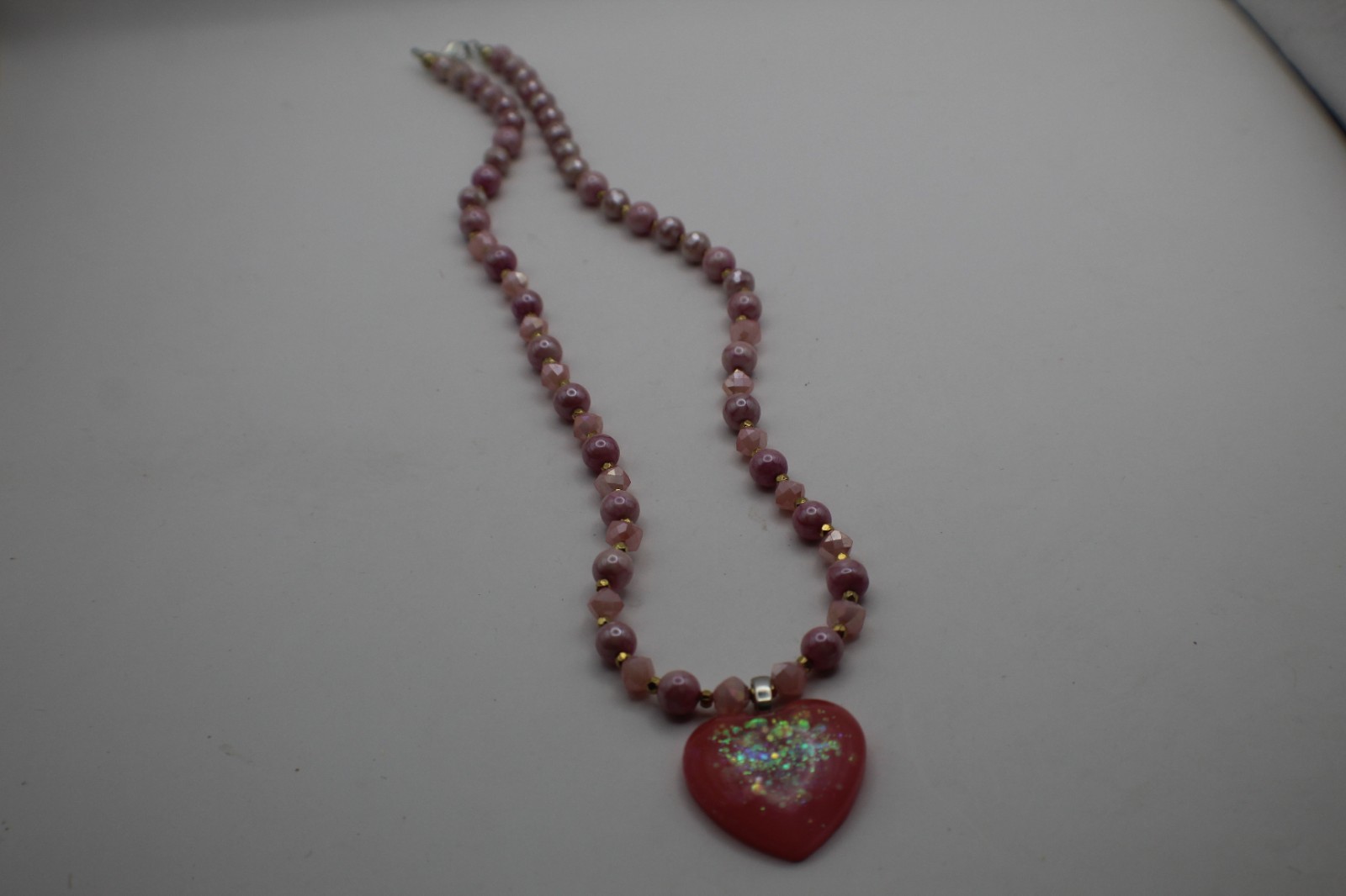 Beautiful Pink Resin Heart Shaped Pendant On A Matching Beaded Necklace