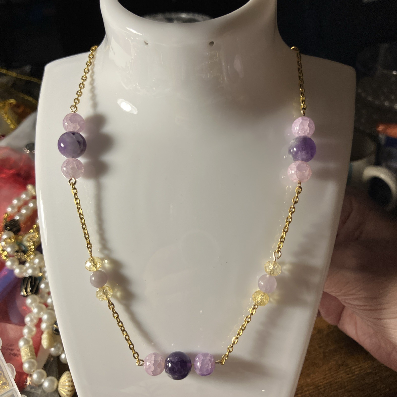 Amethyst And Crackle Glass With Crystals Bead Necklace 18.5 Inches Long