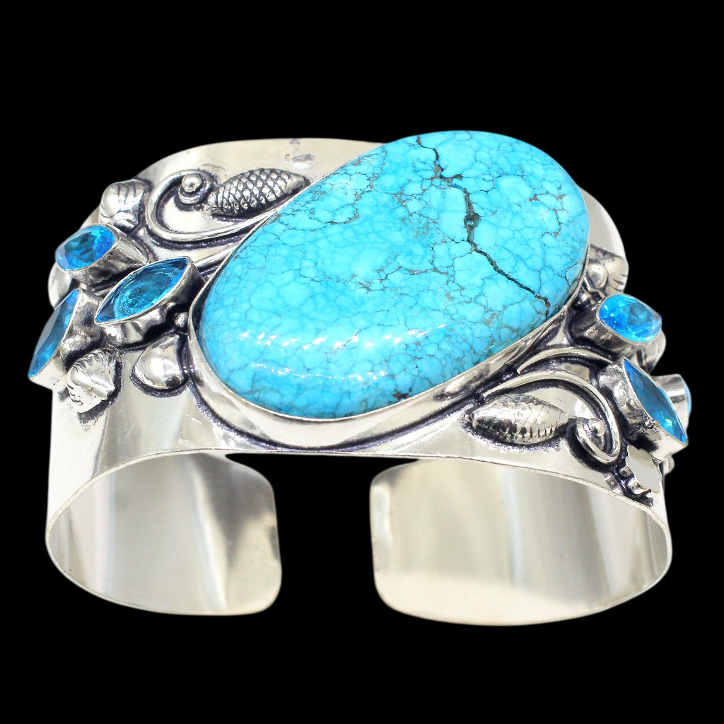 Natural Turquoise, Blue Topaz Cuff Bracelet 925 Sterling Silver Jewelry ADJ