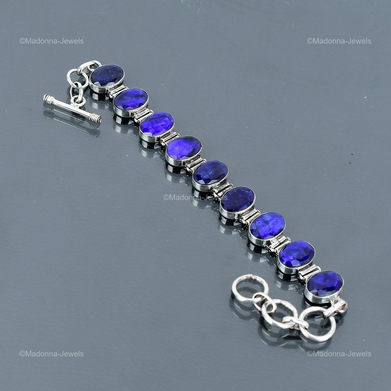 Friendship Day Deal Oval Natural Blue Saphire 925 Sterling Silver Chain Bracelet