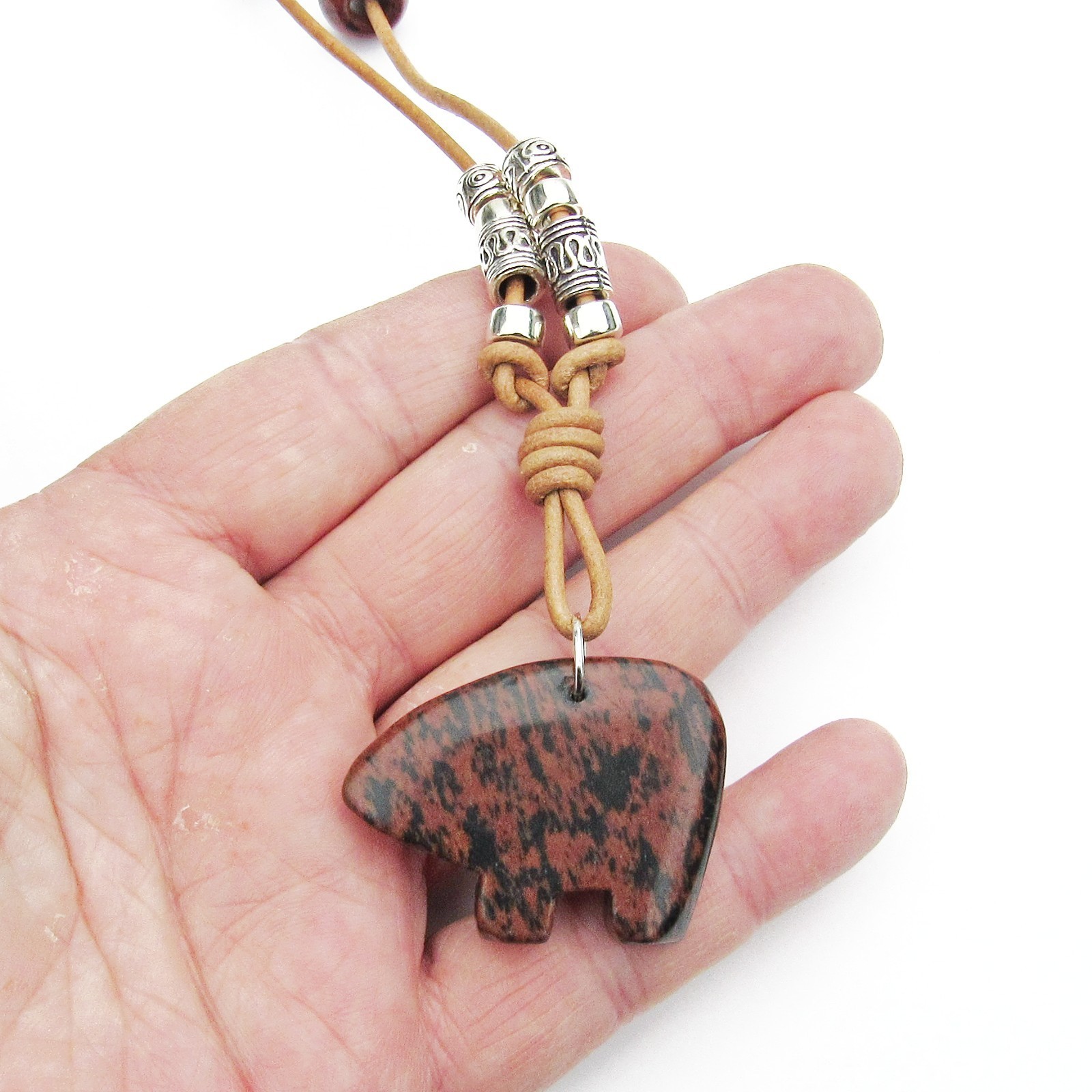 Fetish Mahogany Obsidian Bear, Long Real Leather Natural Tan Necklace,