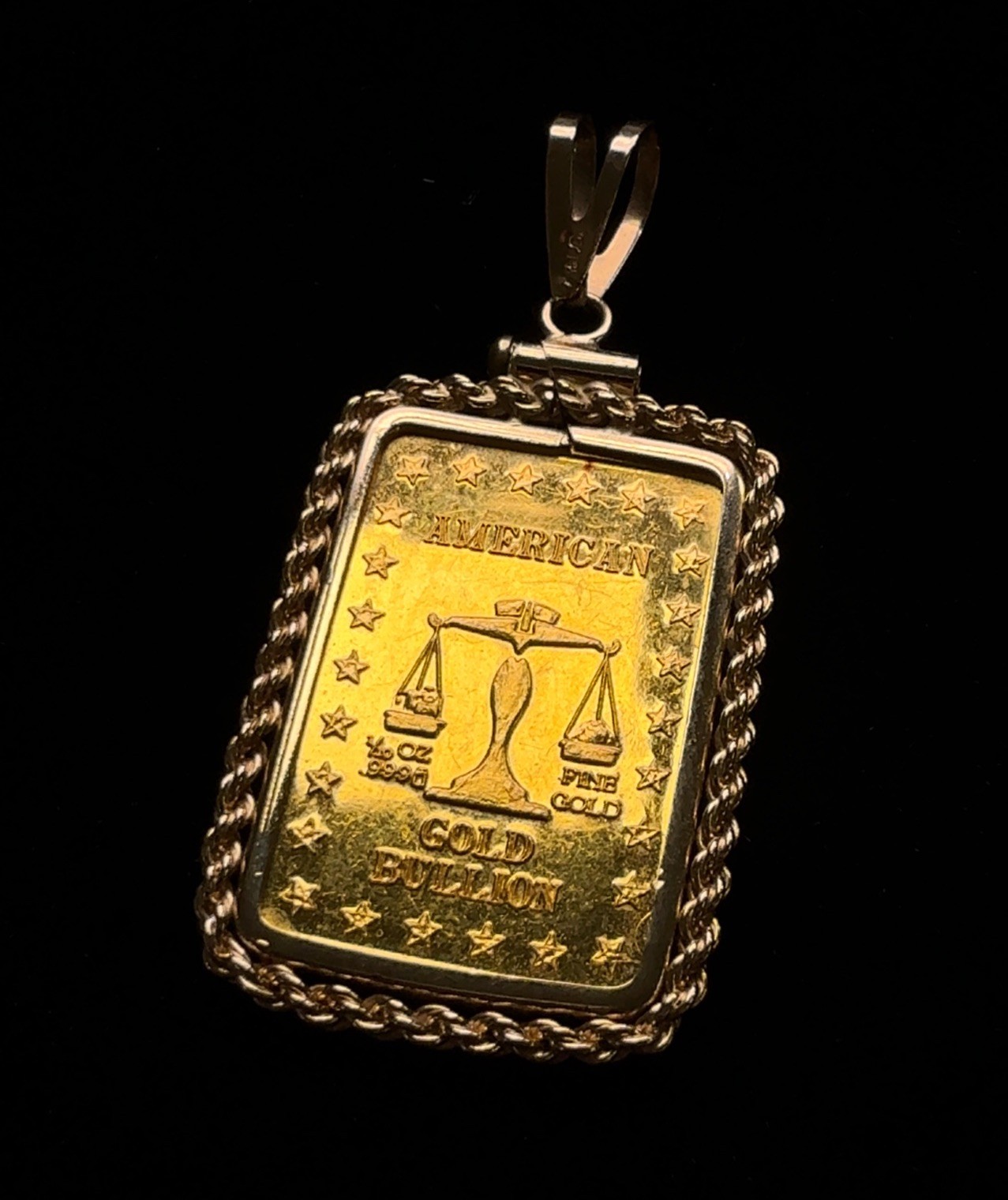 Vintage American Gold Bullion 1/10oz .999 Fine Gold Bar in 14k Rope Bezel 4.95g
