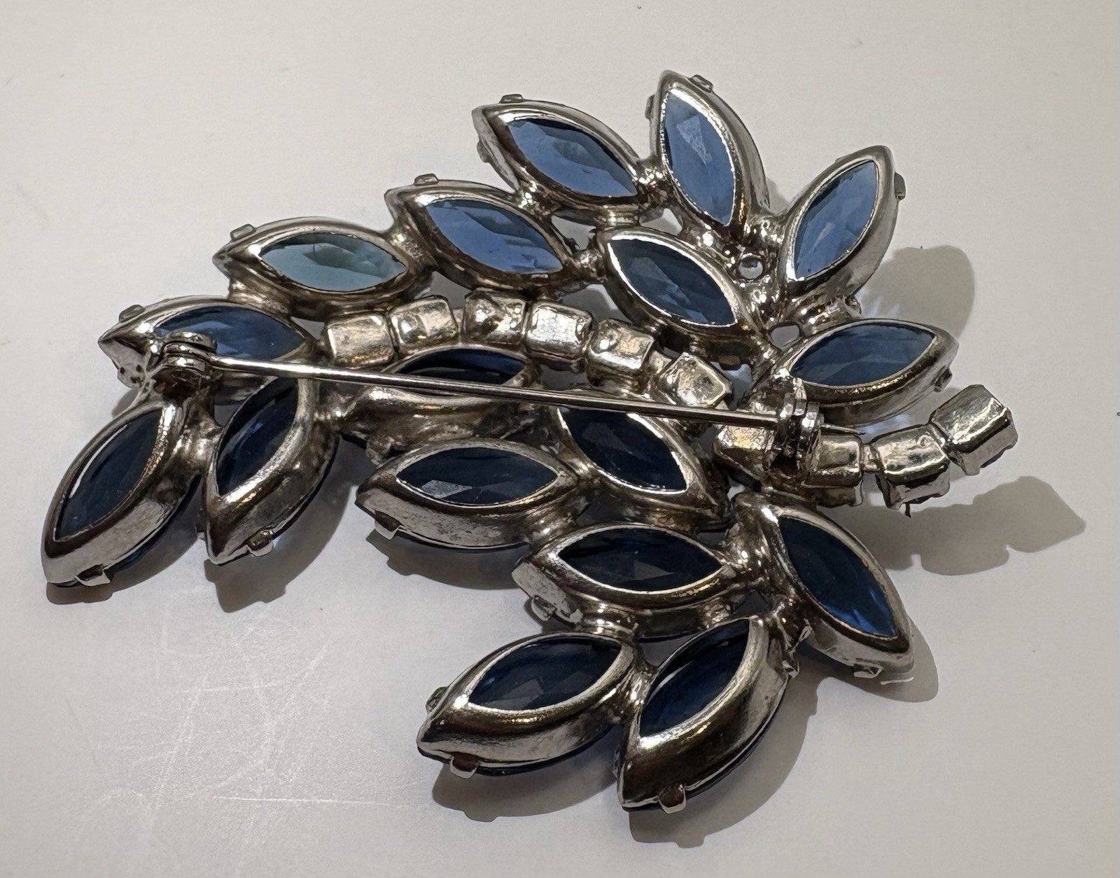 Vintage Blue Navette Rhinestone Brooch Silvertone Floral Spray Juliana Style