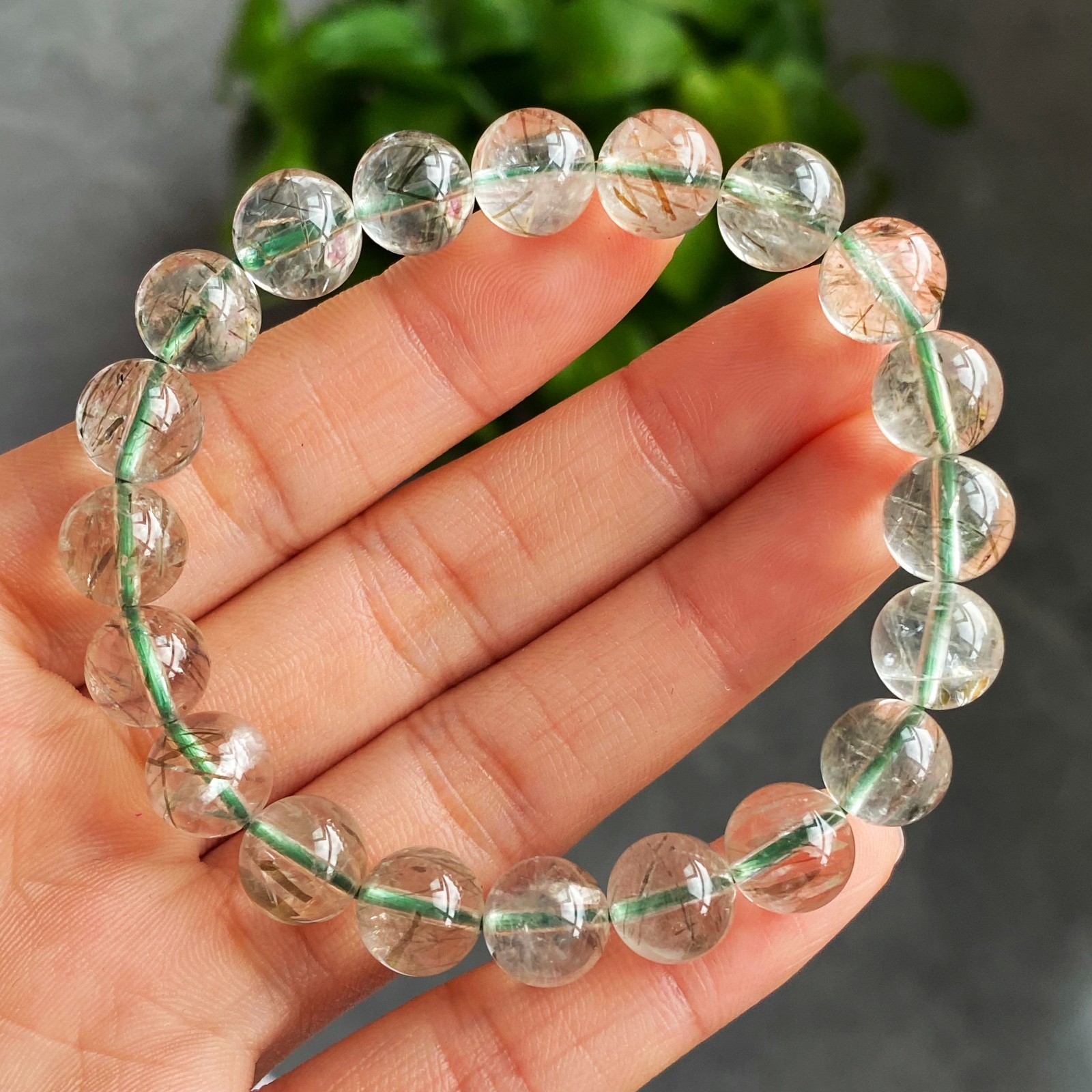 9.2mm Natural Green Tourmaline Rutilated Quartz Crystal Bracelet 3109