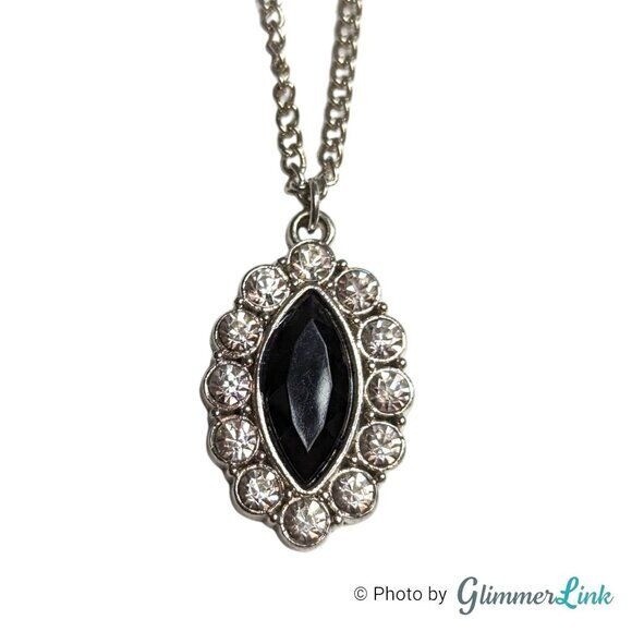 Oval Clear & Black Faceted Rhinestones Pendant Silver Tone Curb Chain Necklace